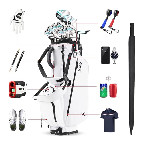 KVV Lightweight Golf Stand Bag with 7 Way Full-Length Dividers, 5 Zippered Pockets, Automatically Adjustable Dual Straps，Elegant Design - color: White