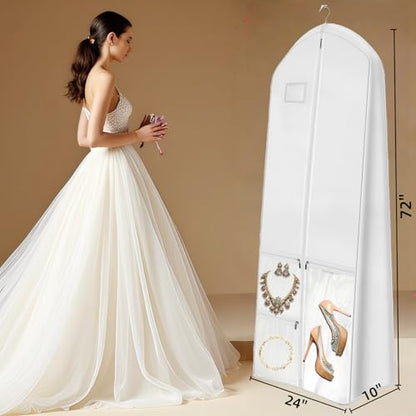 72" Long Wedding Dress Garment Bag with 10" Gusset, Bridal Gown Storage Cover with 4 Pockets, Dress Bag for Women Gowns,Prom,Ballgowns,White (72" x 24" x 10") - color: White and Clear