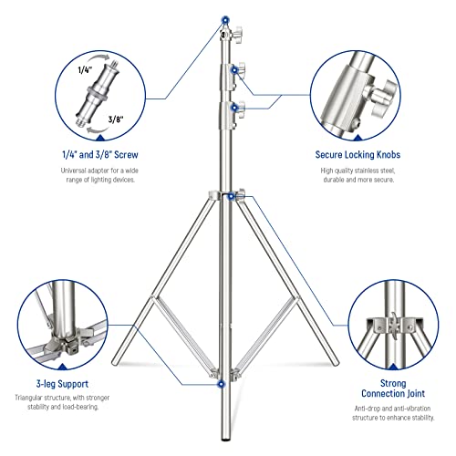 NEEWER 9.2ft/2.8m Stainless Steel Light Stand, Spring Cushioned Heavy Duty Photography Tripod Stand with 1/4” to 3/8” Universal Screw Adapter for Strobe,LED Video Light,Ring Light,Monolight, Softbox - style: ST-280SS