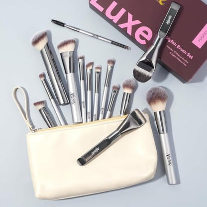 14 PCS Professional Makeup Brushes Set with Travel Cosmetic Bag（Silver） | Luxe Soft Synthetic Face & Eye Makeup Brush Kit for Foundation, Powder, Blush, Concealer, Eyeshadow, Contour, Eyebrow - color: 14PCS-0-Silver
