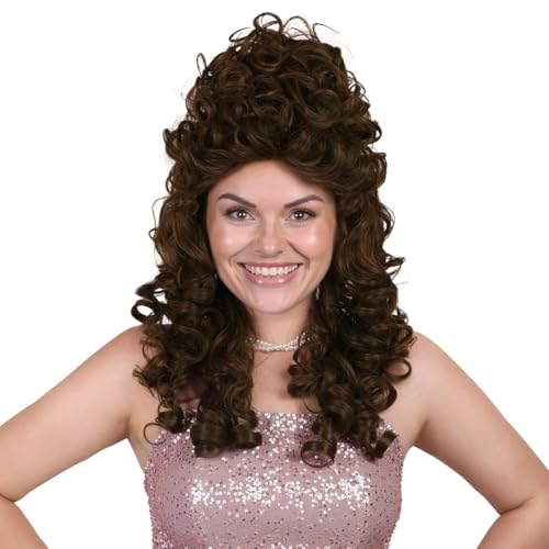 ColorGround Long Curly Fluffy Hair Wig for Women 60 70 80s Beehive Cosplay Wigs for Adults Halloween Costume (Brown) - color: Brown