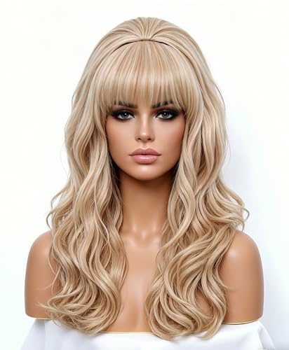 Rugelyss Long Strawberry Blonde Mixed Wig with Bang Retro Bouffant Beehive Wigs fits 80s Costume or Halloween Party - color: Blonde mixed