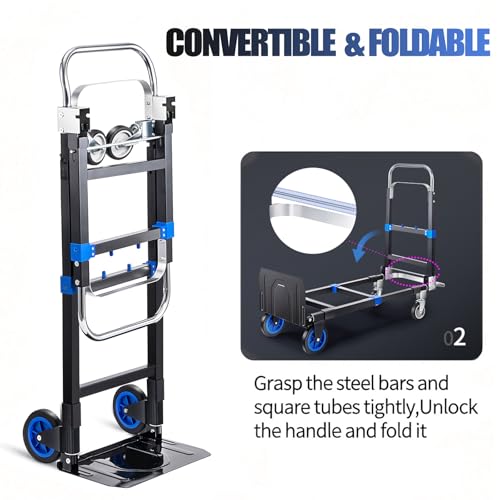 Upgraded 3 in 1 Convertible Hand Truck Aluminium Dolly Cart with Wheels Folding Hand Truck 660lbs Capacity, Collapsible Dolly and Retractable Handle for Warehouse Supermarket
