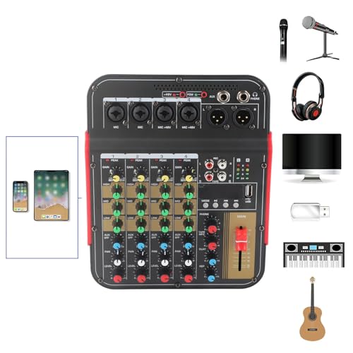 Jeanoko Audio Mixer Sound Mixing Console,Professional Mixing Console, 4 Channel Audio Mixer Controller USB Input 3 Band EQ Metal for Party KTV for Professional and Beginners