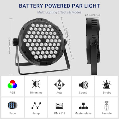 90W Dimmable RGB Battery Par Lights by Remote & DMX Control (2Pack) | 20H Single Color 5H Charging, Rechargeable LED Par, Uplight for DJ Party Event Wedding Church Concert Band Club