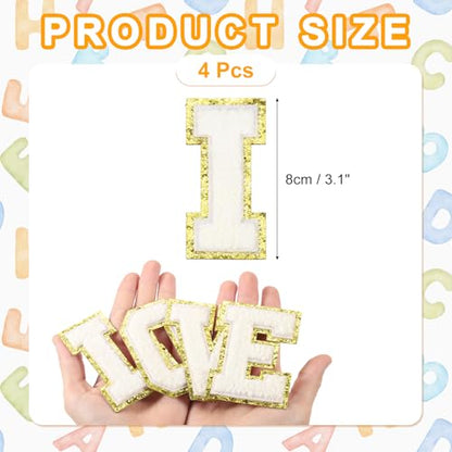 MECCANIXITY Chenille Letter Patches 3.1" Alphabet I Iron on Embroidered Patch Sew on Letter Stickers Applique for Repairing Clothing Jeans Shoes Hats DIY(White, Pack of 4) - style: Letter-I