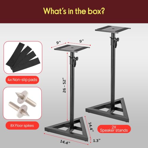 Pyle Speaker Stand Pair of Sound - Play 1 and 3 Holder, Telescoping Height Adjustable from 26” - 52” Inch, High Heavy Duty Three-point Triangle Base w/ Floor Spikes and 9” Square Platform, Black