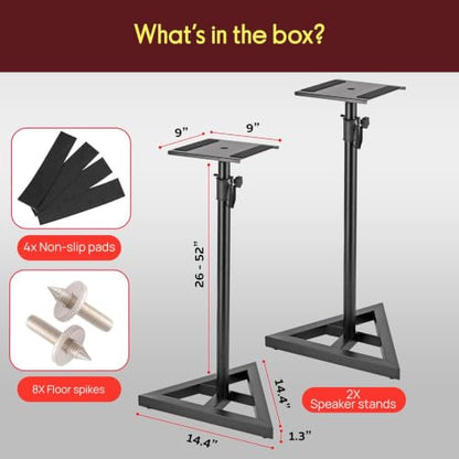 Pyle Speaker Stand Pair of Sound - Play 1 and 3 Holder, Telescoping Height Adjustable from 26” - 52” Inch, High Heavy Duty Three-point Triangle Base w/ Floor Spikes and 9” Square Platform, Black