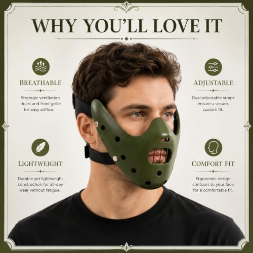 Hannibal Lecter Mask Cosplay The Silence of The Lambs Half Face Resin Mask | Halloween Costume Prop, Durable Resin, Sponge Pads, Adjustable Buckle Straps, Open Mouth Cage, Adult, for Role Play Party - color: Green