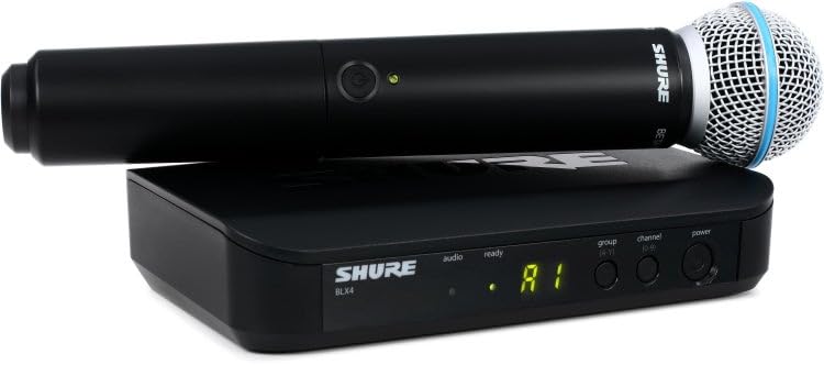 Shure BLX24/B58 Handheld Audio System H10 Band (542–572 MHz) – BLX4 Receiver, BLX2/B58 Handheld Transmitter with Beta 58A Supercardioid Capsule, Up to 14 Hr Battery, 300 ft Range | BLX2/B58 Handheld Transmitter with Beta 58A Supercardioid Capsule, Up to 1