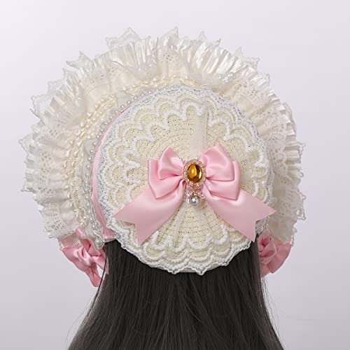 COSDREAMER Girls Women Victorian Bonnets Lace Flowers Tea Party Hats - color: Pink