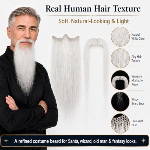 Hand-Tied Human Hair Fake Beard and Mustache for Costumes and Theater | Hand-knotted human hair on lightweight lace creates natural-looking facial hair for costumes, cosplay, theater and film - color: Style 5--white