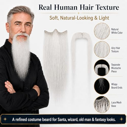 Hand-Tied Human Hair Fake Beard and Mustache for Costumes and Theater | Hand-knotted human hair on lightweight lace creates natural-looking facial hair for costumes, cosplay, theater and film - color: Style 5--white