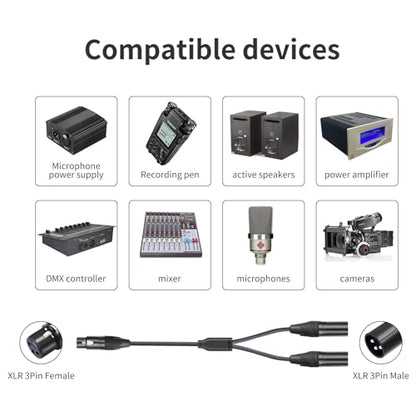 2FT XLR Female to Dual Male Y Splitter Cable, XLR Y Cable Splitter 1 Female to 2 Male for Micphone Mixer- 2Pack - color: XLR 1 Female to 2 Male, size: 2Ft*2Pack