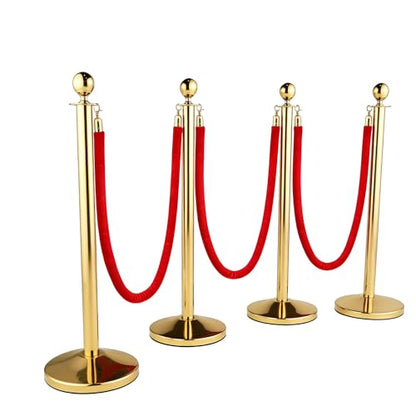 4 Pcs Modular Crowd Control Stanchion, Set with 5 Pcs 5 ft Red Velvet Ropes, Stainless Steel Crowd Control Barriers, Heavy-Duty Fillable Base, Splicing Style Stanchion Rope Divider (4 / Golden） - color: Golden