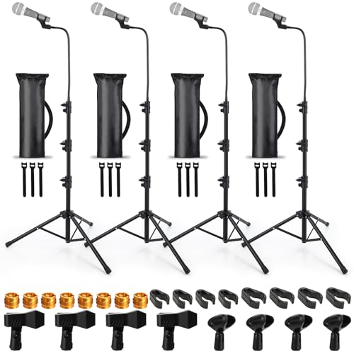 Relaxweex 4 Pcs Tripod Microphone Stand Boom Arm Floor Mic Stand Microphone Holder Adjustable Height 24-67 inch with 4 Carrying Bag and 8 Mic Clips for Singing Stage Wedding Stage Karaoke Church