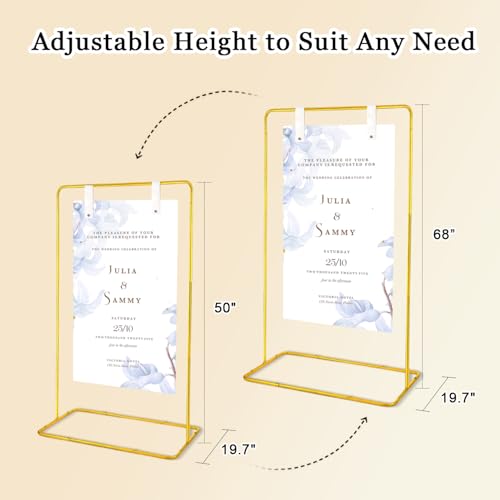 Wedding Sign Holder with 3 Pairs of Leather Straps & 6 Ribbons, Adjustable Height 50"/68" Heavy Duty Easel Stand for Display, Portable Wedding Welcome Sign Stand with Carrying Bag & Digital Templates (Gold)