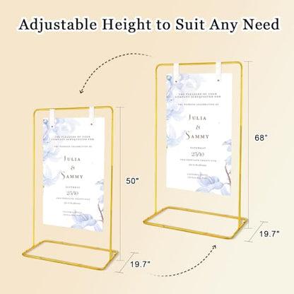 Wedding Sign Holder with 3 Pairs of Leather Straps & 6 Ribbons, Adjustable Height 50"/68" Heavy Duty Easel Stand for Display, Portable Wedding Welcome Sign Stand with Carrying Bag & Digital Templates (Gold)