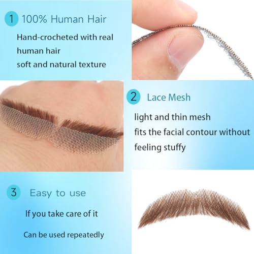 Hand-Tied Human Hair Fake Beard and Mustache for Costumes and Theater | Hand-knotted human hair on lightweight lace creates natural-looking facial hair for costumes, cosplay, theater and film - color: Style 2--brown