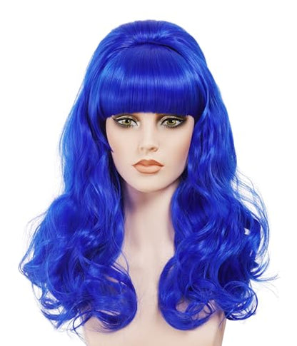 Rugelyss Long Wavy Blue Wig with Bang Big Bouffant Beehive Wigs for Women fits 80s Costume or Halloween Party - color: Blue