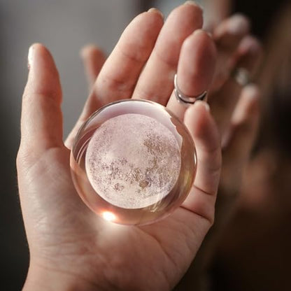 Flexzion 3D Moon Crystal Ball Night Light - LED Light Hologram Glass Lamp with Solid Wood Base, USB Powered Crystal Ball Lamp with Adjustable Brightness for Home Decor Display Gift, 2.4inch(60mm) | Moon Lamp with Solid Beech Wood Base and Adjustable Brigh