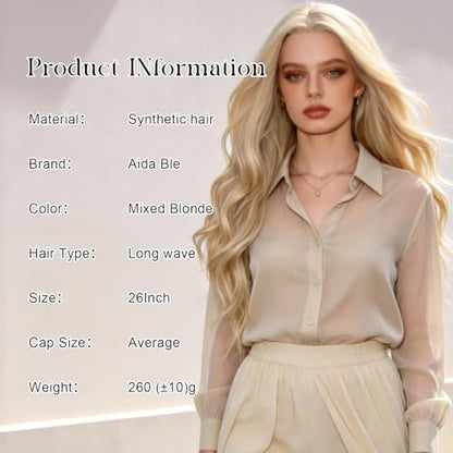 Aida ble Long Wavy Blonde Wig for Women 26 Inch Middle Part Synthetic Wig | Natural Looking Heat Resistant Hair,Suit for Daily Wear,Party,Halloween and Cosplay,Beginner-friendly,Lightweight and soft - color: Blonde