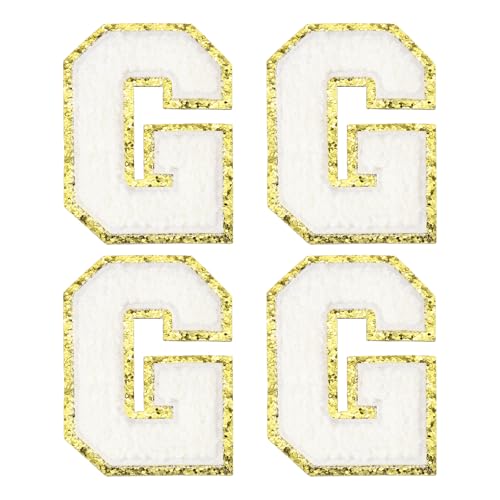 MECCANIXITY Chenille Letter Patches 3.1" Alphabet G Iron on Embroidered Patch Sew on Letter Stickers Applique for Repairing Clothing Jeans Shoes Hats DIY(White, Pack of 4) - style: Letter-G