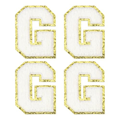 MECCANIXITY Chenille Letter Patches 3.1" Alphabet G Iron on Embroidered Patch Sew on Letter Stickers Applique for Repairing Clothing Jeans Shoes Hats DIY(White, Pack of 4) - style: Letter-G