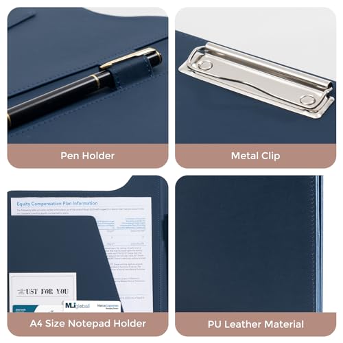 ProCase A4 Leather Padfolio Clipboard Folder -Dark Blue | Made of PU leather, with hinged lid, document compartments and integrated pen holder - color: Darkblue