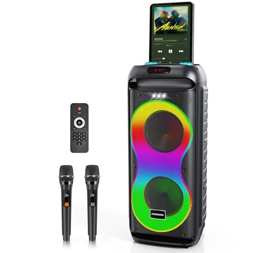 Bluetooth Karaoke Speaker with 2 Wireless Microphones – 40W Portable PA System with LED Lights, TWS Pairing, 6.5” Dual Woofers, Rolling Wheels, Rechargeable Battery - for Party/Home/Outdoor