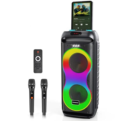 Bluetooth Karaoke Speaker with 2 Wireless Microphones – 40W Portable PA System with LED Lights, TWS Pairing, 6.5” Dual Woofers, Rolling Wheels, Rechargeable Battery - for Party/Home/Outdoor