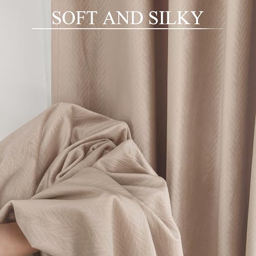 RYB HOME Velvet Curtains 84 inches Long, Blush Pink Back Tab & Rod Pocket Leaves Printed Curtain & Drapes for Living Room Bedroom, W52 x L84 inches, Champagne, 2 Panels - color: *Champagne, size: 52"W x 84"L (Pack of 2)