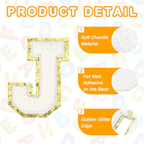 MECCANIXITY Chenille Letter Patches 3.1" Alphabet J Iron on Embroidered Patch Sew on Letter Stickers Applique for Repairing Clothing Jeans Shoes Hats DIY(White, Pack of 4) - style: Letter-J