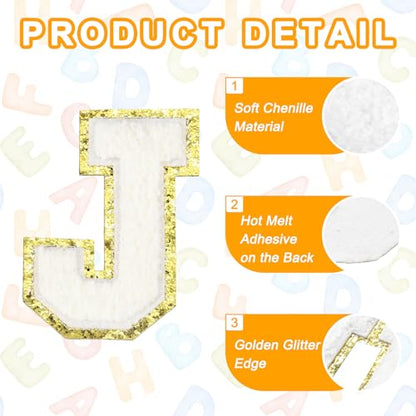 MECCANIXITY Chenille Letter Patches 3.1" Alphabet J Iron on Embroidered Patch Sew on Letter Stickers Applique for Repairing Clothing Jeans Shoes Hats DIY(White, Pack of 4) - style: Letter-J