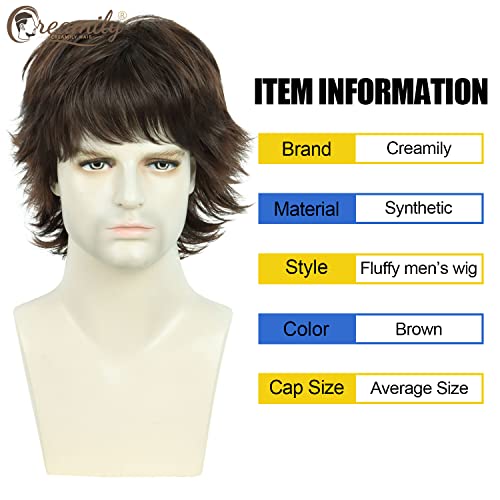 Creamily Mens Brown Wig Wolf Cut Mullet Wig Short Synthetic Hair Wigs Natural Looking Heat Resistant Fluffy Layered Mens Wigs for Halloween Cosplay Costume - color: H-Mullet Brown