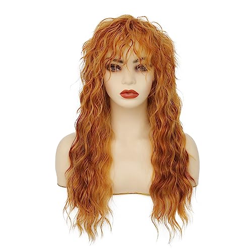 Long Mullet Wigs for Women Curly Blonde Wavy Rocker Punk 70s 80s Costumes Wigs with Bangs Halloween Cosplay Party Wig - color: Long Blonde