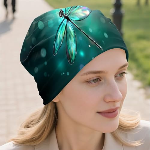 Art Owl Women's Slouchy Beanie Hat Cute Turban Hats Cancer Headwear Caps Baggy Skull Sleep Scarf - color: Green Dragonfly