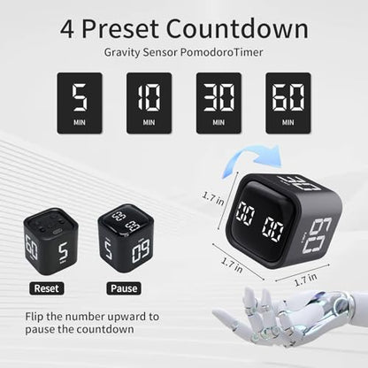 Productivity Timer Flip Gravity Sensor Cube Timer Countdown & Countup,Mute & Vibrate & Sound，5/10/30/60min & Custom Timing, Perfect for ADHD,Work,Learning,Kitchen Cooking (1Black) - color: Black