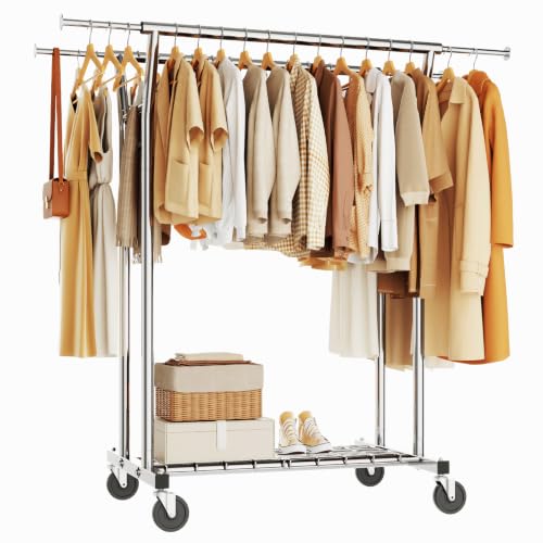 HYSEYY Heavy Duty Clothes Rack, Rolling Clothing Rack for Hanging Clothes with Shelves Load 700LBS,Portable Garment Wardrobe Closet Rack with Wheels for Bedroom,Laundry Room,Retail Store,Silver