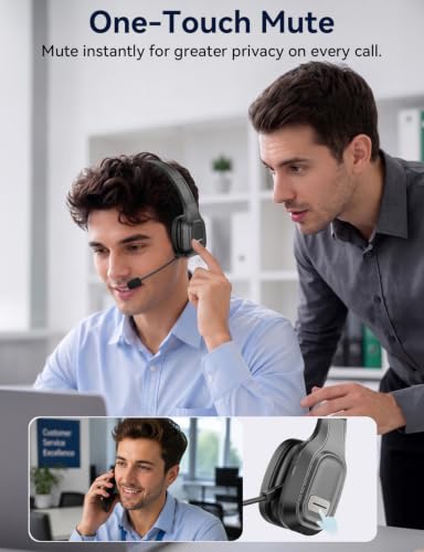Bluetooth Headset with Mic, 60 Hours Talking Time Single-Ear Wireless Headset, ENC Noise Canceling, One-Touch Mute, Dual-Device Connection for Truck Driver, Office, Call Center, Phone/PC, Black