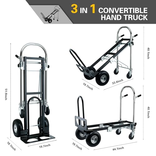 3 in 1 Convertible Hand Truck Dolly Cart with Wheels (Black) | 1000 Lbs Appliance Dolly with Solid Wheels, Hand Truck Heavy Duty for Moving,Transport in Warehouses,Home,Factory - color: Black
