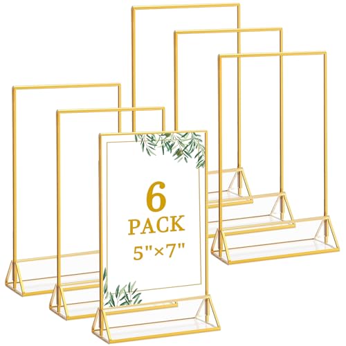 Floroom 6 Pack 5x7 Inch Clear Acrylic Sign Holders, Double-Sided Gold Display Stand Picture Frames for Table Numbers, Menus, Flyers, Weddings, and Offices - color: Gold, size: 5" x 7"- 6 Pack