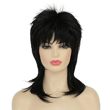 Mullet Wig for Women Black Shoulder Length Shaggy Layered Wig Curly 80s Wigs Heat Resistant Cosplay Daily Hair Wigs (Black) - color: Black