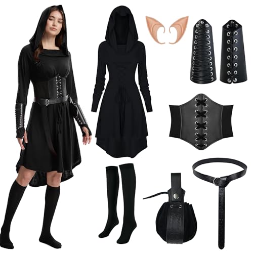 HODBLKT 7PCS Women Renaissance Fairy Costume Medieval Elf Dress Halloween - color: Black, size: X-Small