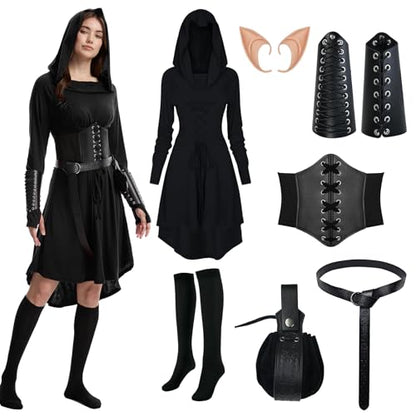 HODBLKT 7PCS Women Renaissance Fairy Costume Medieval Elf Dress Halloween - color: Black, size: Medium