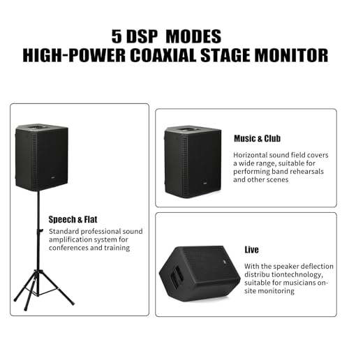 EXOTON B-12 Powered PA Speaker - 12" Coaxial Active Monitor 800W Class D Amp with DSP, 3-Band EQ,TWS,Full-Color Display for Monitoring, DJ(AC Powered)