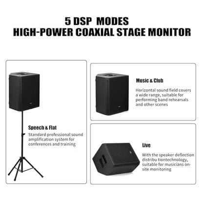 EXOTON B-12 Powered PA Speaker - 12" Coaxial Active Monitor 800W Class D Amp with DSP, 3-Band EQ,TWS,Full-Color Display for Monitoring, DJ(AC Powered)