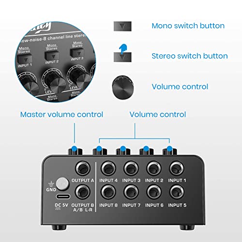 Moukey Audio Mixer, DC 5V, 8 Stereo Ultra, Low Noise 8 Channel Line Mixer for Sub-Mixing, for Small Clubs or Bars, As Guitars, Bass, Keyboards Mixer, MAMX3 - size: Large (8-channel)