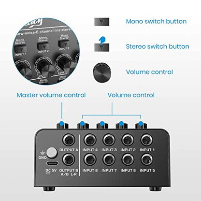 Moukey Audio Mixer, DC 5V, 8 Stereo Ultra, Low Noise 8 Channel Line Mixer for Sub-Mixing, for Small Clubs or Bars, As Guitars, Bass, Keyboards Mixer, MAMX3 - size: Large (8-channel)