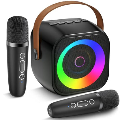 Mini Karaoke Machine, Portable Bluetooth Speaker with 2 Wireless Microphones for Kids & Adults, Karaoke Microphone with LED Lights, Gifts for Girls & Boys - color: Black